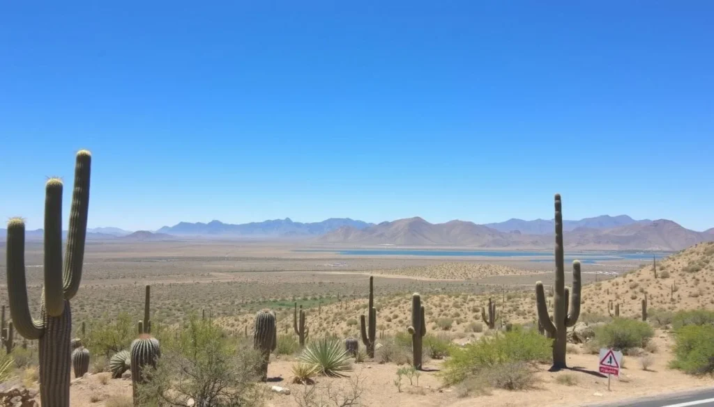 Desert landscape view on the road to Theodore Roosevelt Lake with saguaro cacti and mountains