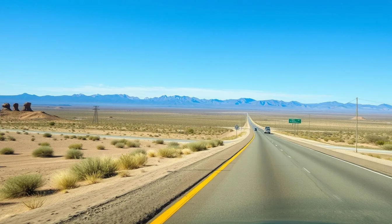 Desert-landscape-with-mountains-in-the-background-on-the-road-to-Roswell-New-Mexico Desert landscape with mountains in the background on the road to Roswell, New Mexico