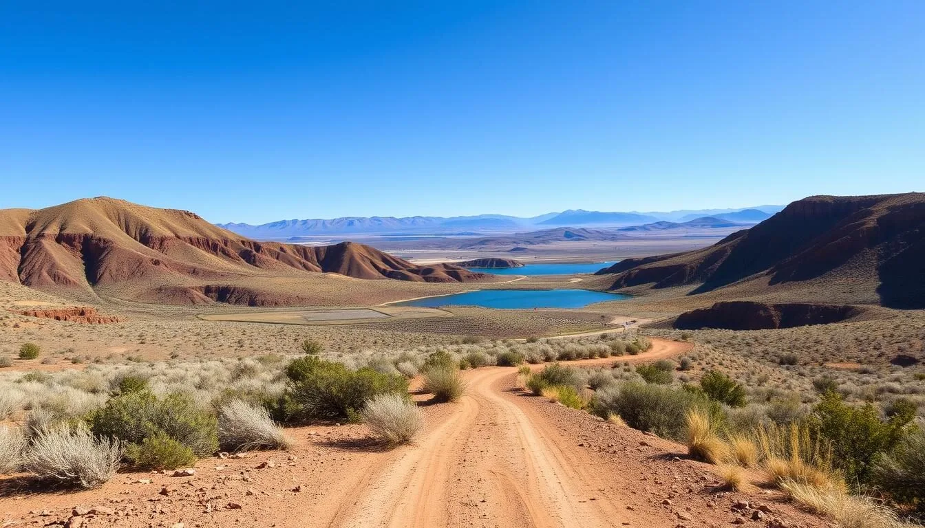 Desert landscape with mountains surrounding Highline Lake State Park in Colorado