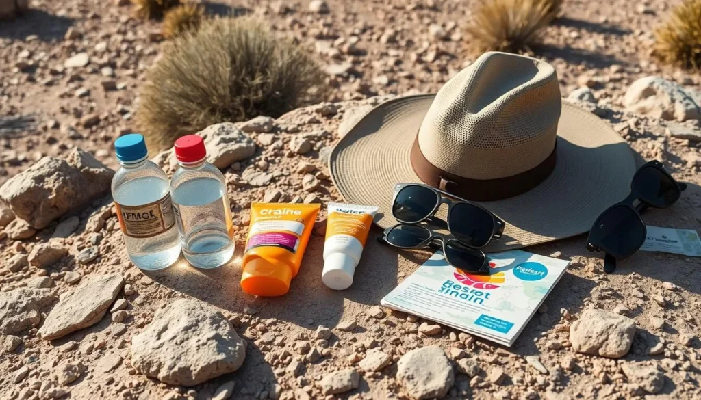 Desert landscape with safety gear - water bottles, hat, and sunscreen Desert landscape with safety gear - water bottles, hat, and sunscreen