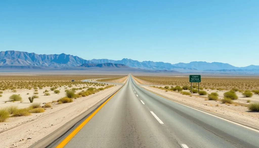 Desert road leading to Coyote Springs Valley with mountains in the background