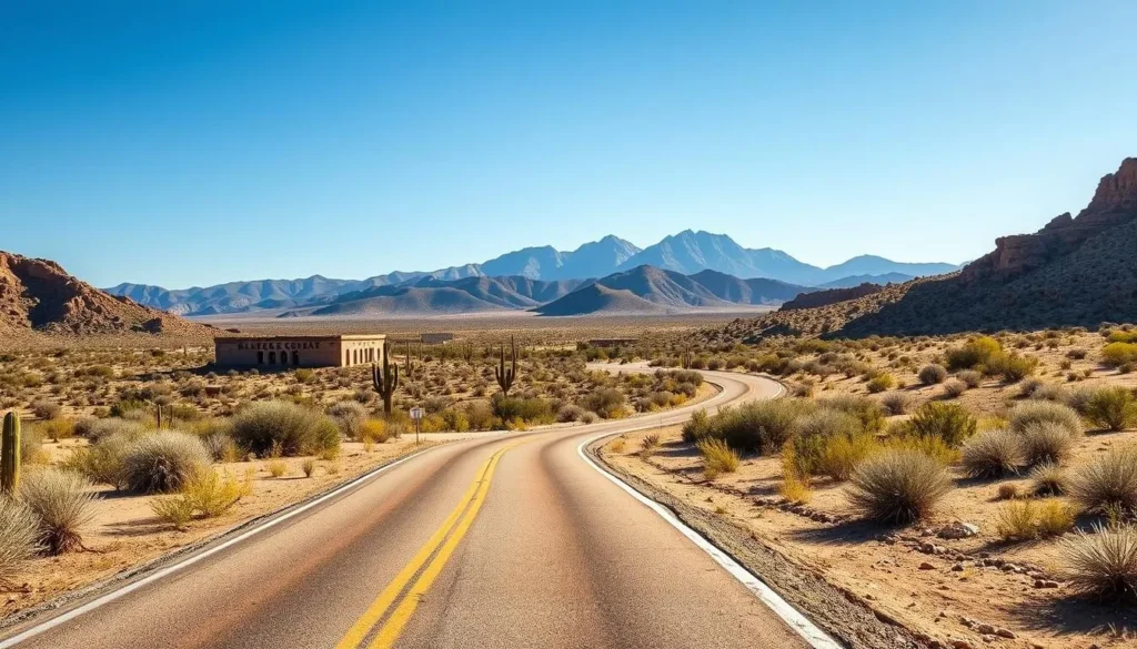 Desert road leading to Oliver Lee Memorial State Park with mountains in the background