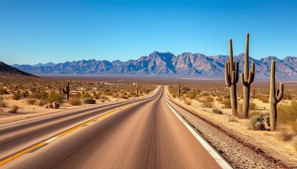 Desert road leading to Organ Pipe Cactus National Monument with mountains in the distance