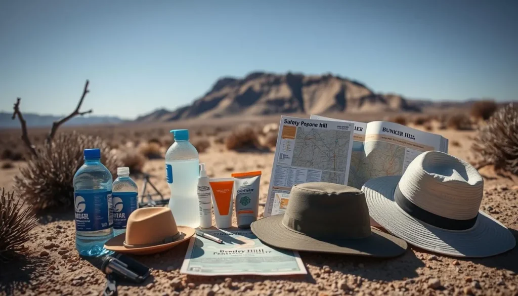 Desert safety preparation with water bottles and sun protection