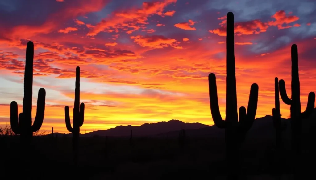 Desert sunset with silhouetted saguaro cacti in Sonoran Desert National Monument