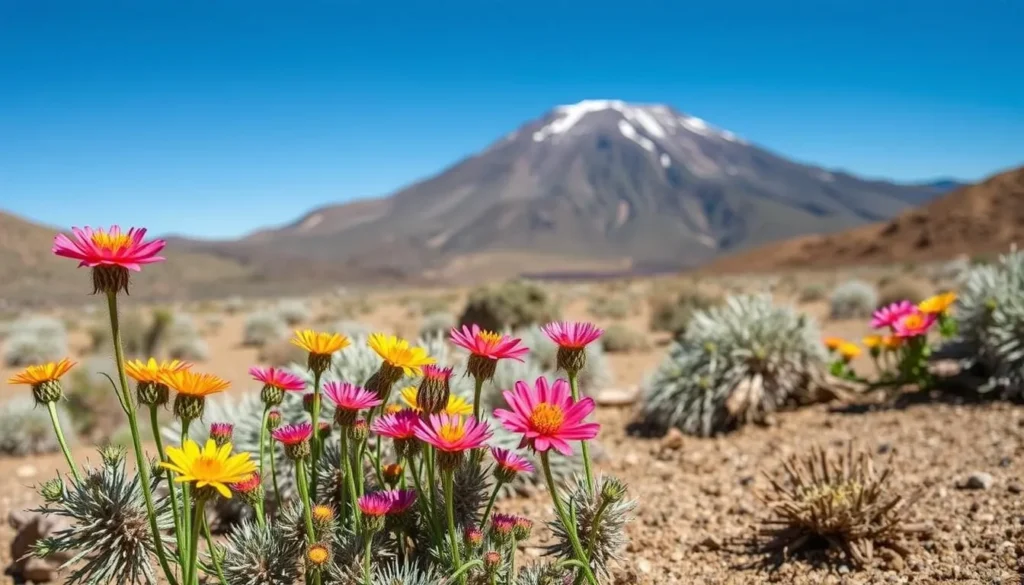 Desert wildflowers blooming near Boundary Peak with mountain backdrop
