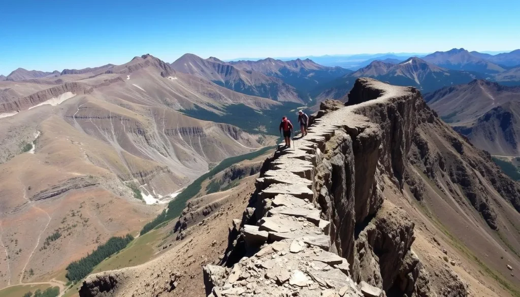 Devil's Causeway narrow ridge in Flat Tops Wilderness Colorado with hikers crossing