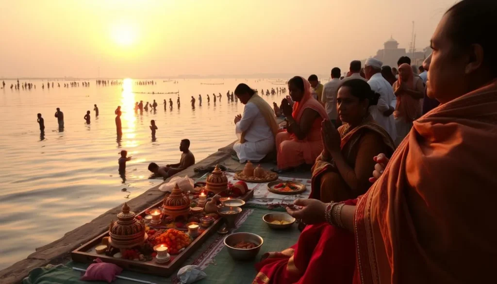 Devotees participating in Chhath Puja celebrations along a riverbank in Bihar Devotees participating in Chhath Puja celebrations along a riverbank in Bihar