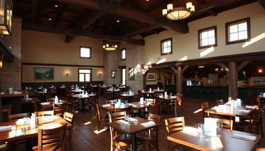Dining room at Starved Rock Lodge with rustic decor and wooden tables Dining room at Starved Rock Lodge with rustic decor and wooden tables