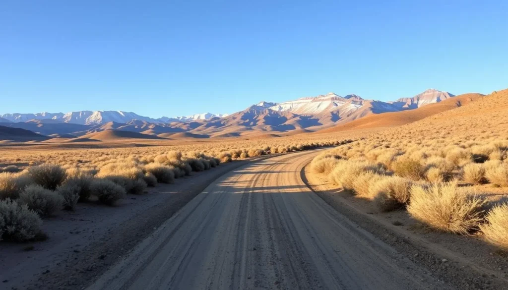 Dirt road leading into Clan Alpine Mountains Nevada with mountains in background