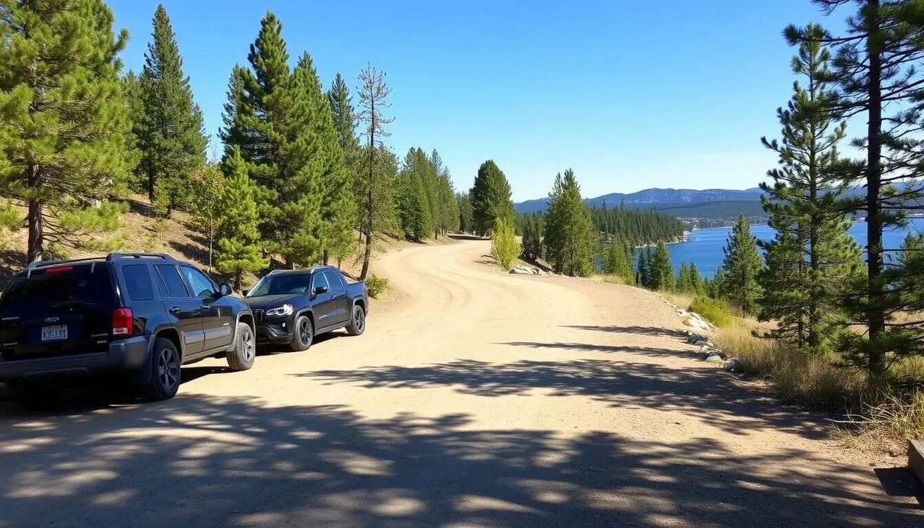 Dirt-road-leading-to-Boulder-Island-with-parked-vehicles-and-lake-view Dirt road leading to Boulder Island with parked vehicles and lake view