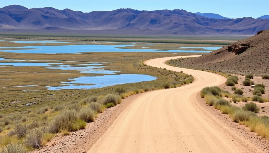 Dirt road through Carson Lake and Pasture Wildlife Management Area with wetlands visible Dirt road through Carson Lake and Pasture Wildlife Management Area with wetlands visible