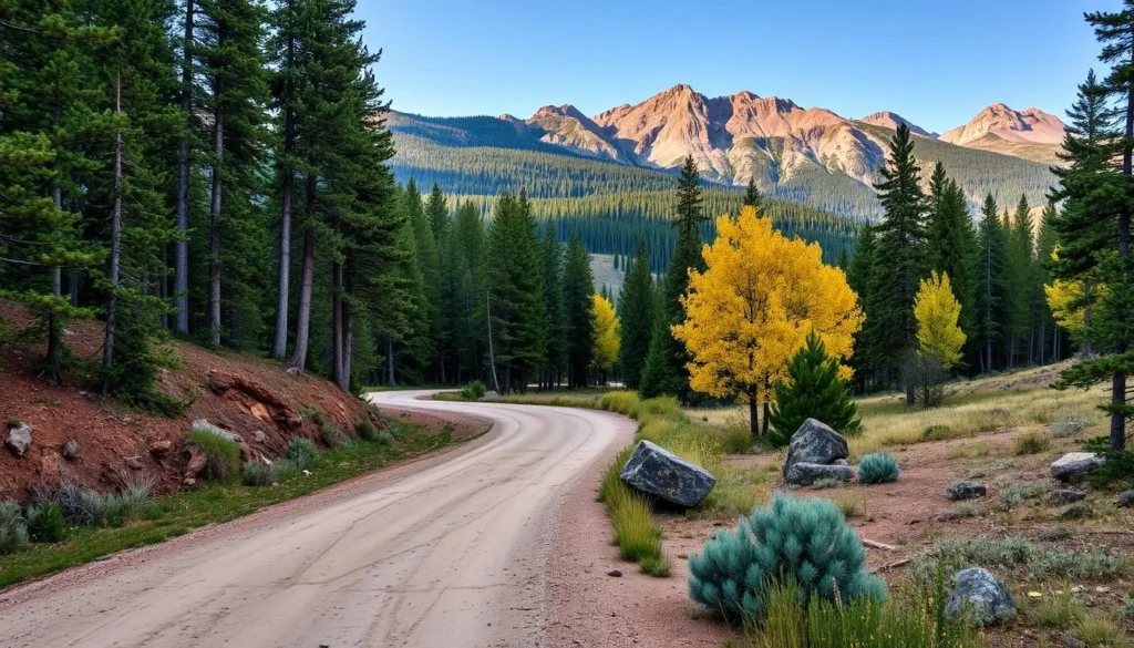 Dirt road winding through Anthracite Range with forest and mountain views Dirt road winding through Anthracite Range with forest and mountain views