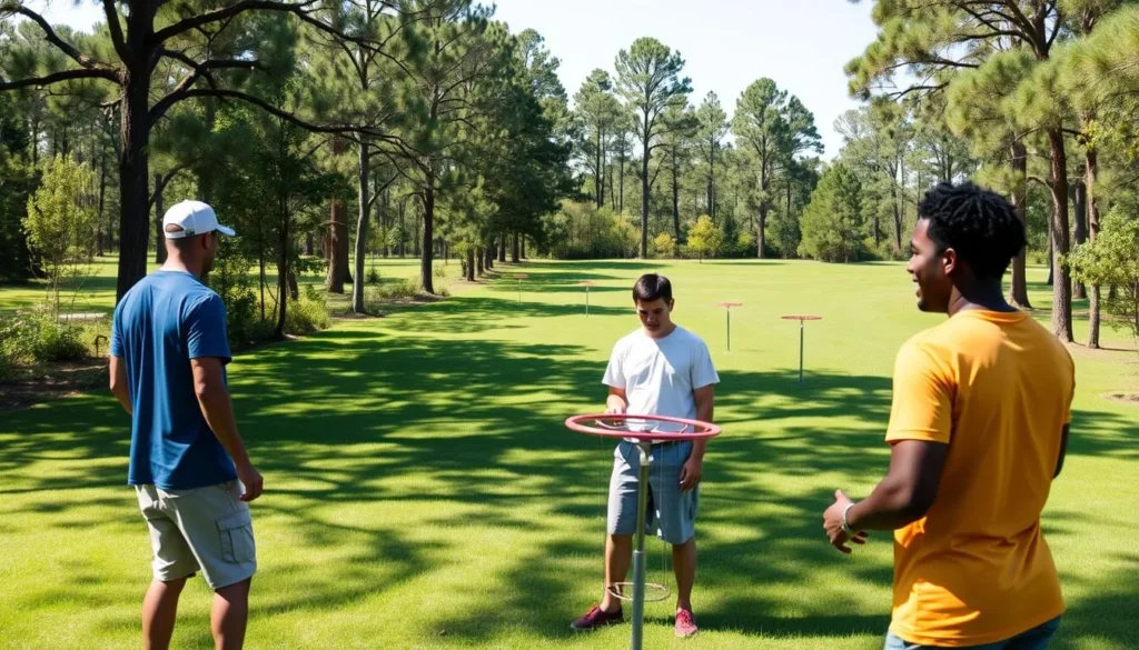 Disc golf course at Sam Houston Jones State Park with players enjoying the course
