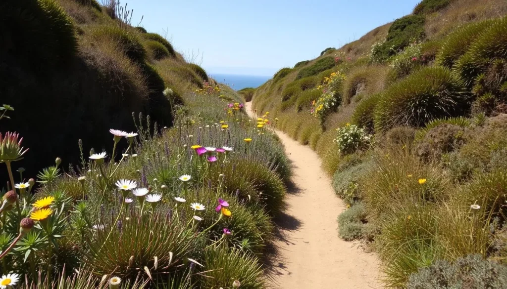 Diverse coastal vegetation along the Turtle Rock trail with wildflowers in bloom