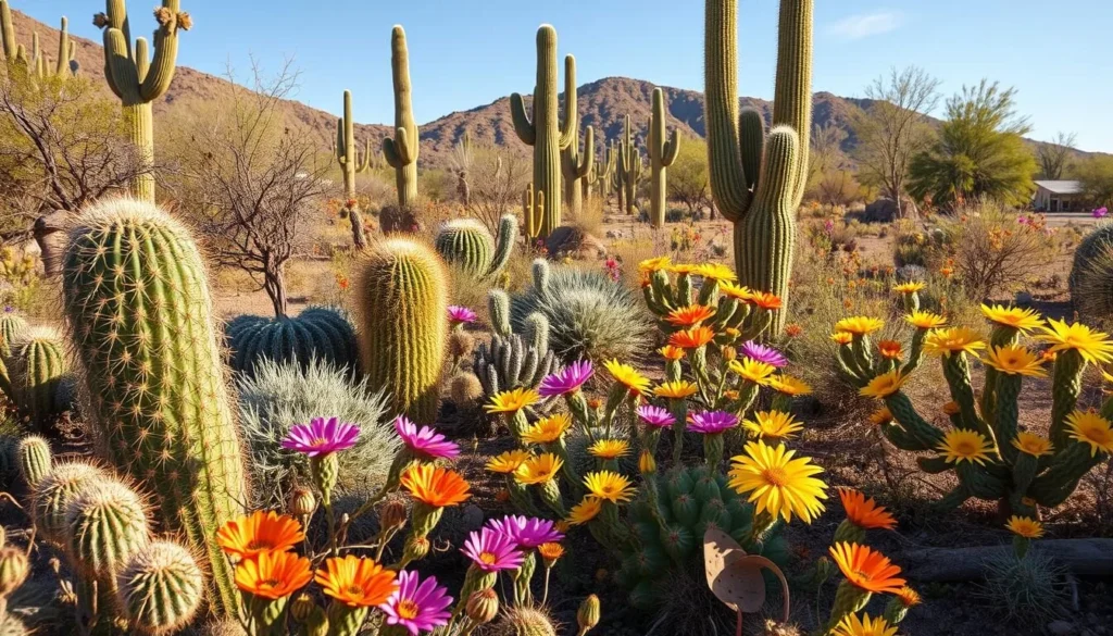 Diverse desert ecosystem with blooming cacti and desert wildflowers in Sonoran Desert National Monument