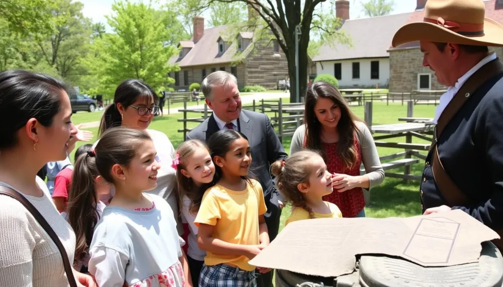 Diverse family group enjoying a guided tour at Washington Crossing Historic Park