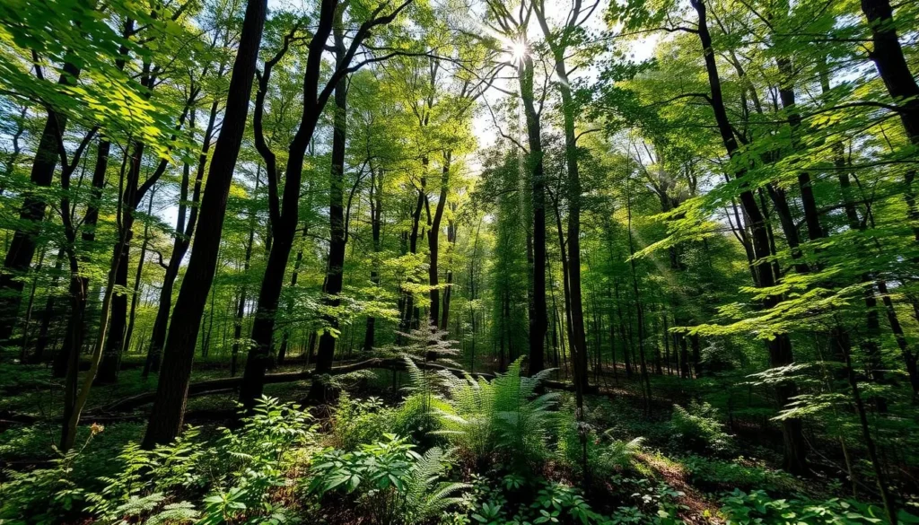 Diverse forest ecosystem at Walnut Point State Park showing different tree species and understory plants Diverse forest ecosystem at Walnut Point State Park showing different tree species and understory plants