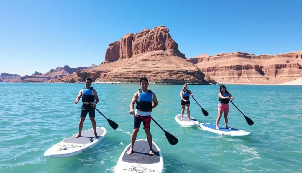 Diverse group enjoying stand-up paddleboarding at Lone Rock Beach Lake Powell Arizona with the monolith in background Diverse group enjoying stand-up paddleboarding at Lone Rock Beach Lake Powell Arizona with the monolith in background