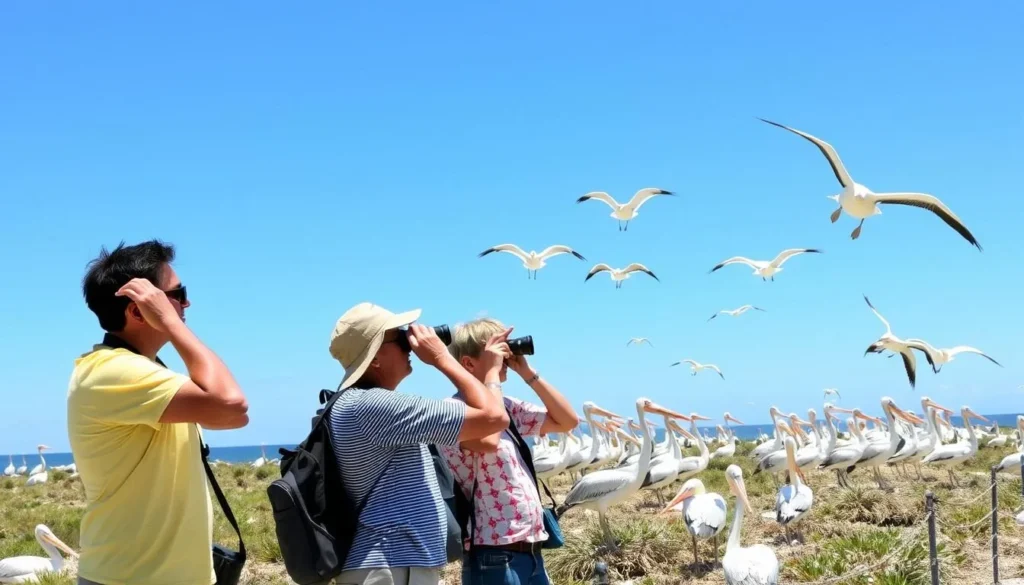 Diverse group of birdwatchers observing pelicans and other shorebirds on Raccoon Island Diverse group of birdwatchers observing pelicans and other shorebirds on Raccoon Island