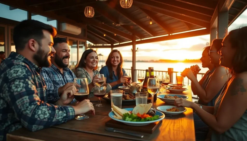 Diverse group of friends enjoying sunset drinks at a waterfront restaurant on False River Diverse group of friends enjoying sunset drinks at a waterfront restaurant on False River