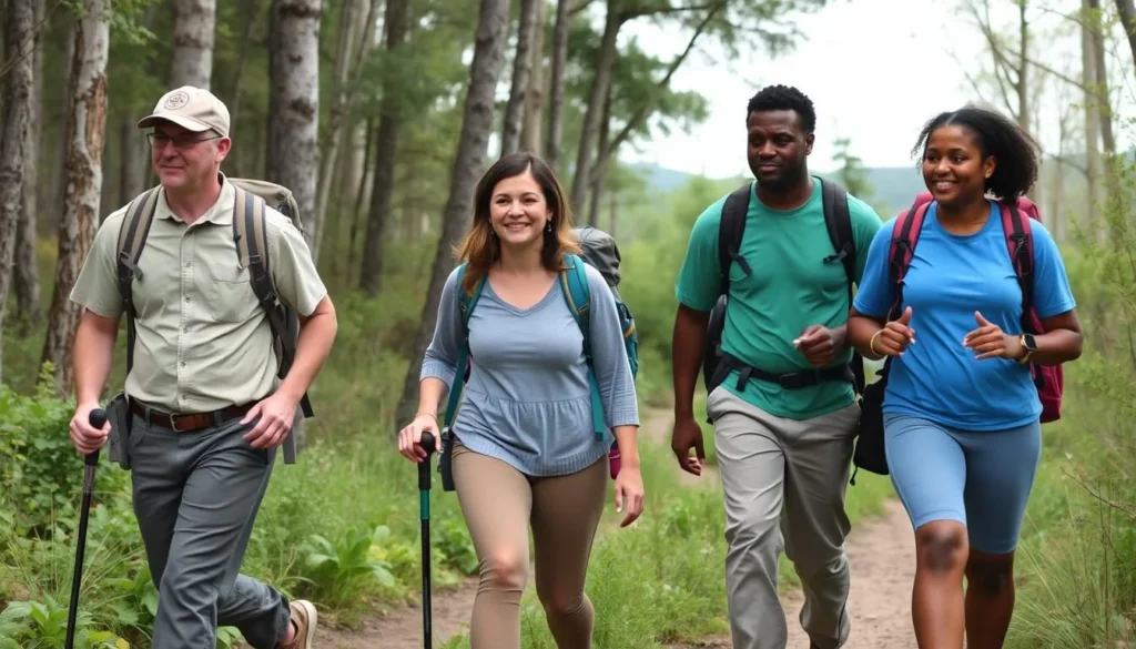 Diverse group of hikers enjoying the Tamarack View Trail at Volo Bog