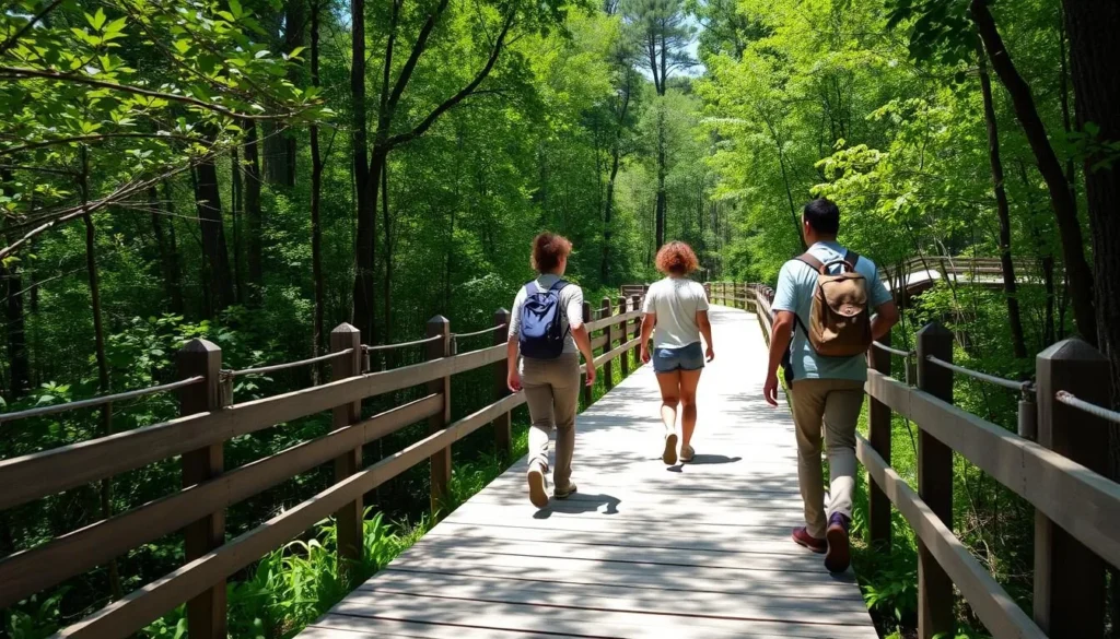 Diverse group of hikers exploring a boardwalk trail at Tickfaw State Park