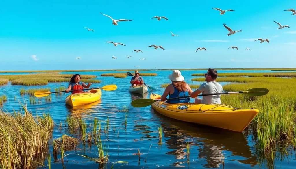 Diverse group of kayakers exploring the marsh areas around Timbalier Island with birds flying overhead