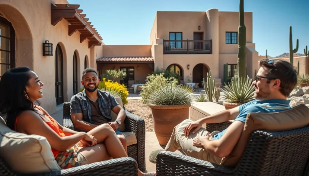 Diverse group of three friends enjoying the outdoor spaces at Sierra Grande Lodge Diverse group of three friends enjoying the outdoor spaces at Sierra Grande Lodge
