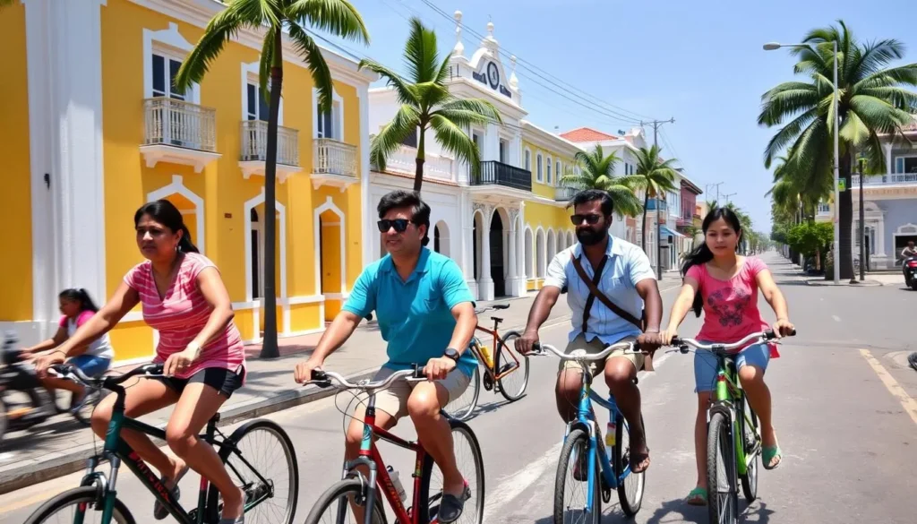 Diverse group of tourists cycling through the colorful streets of White Town, Pondicherry