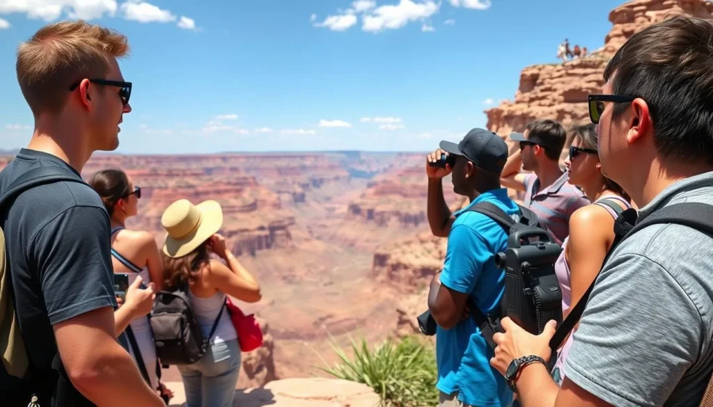 Diverse group of tourists enjoying a scenic overlook at Salt River Canyon with cameras and binoculars