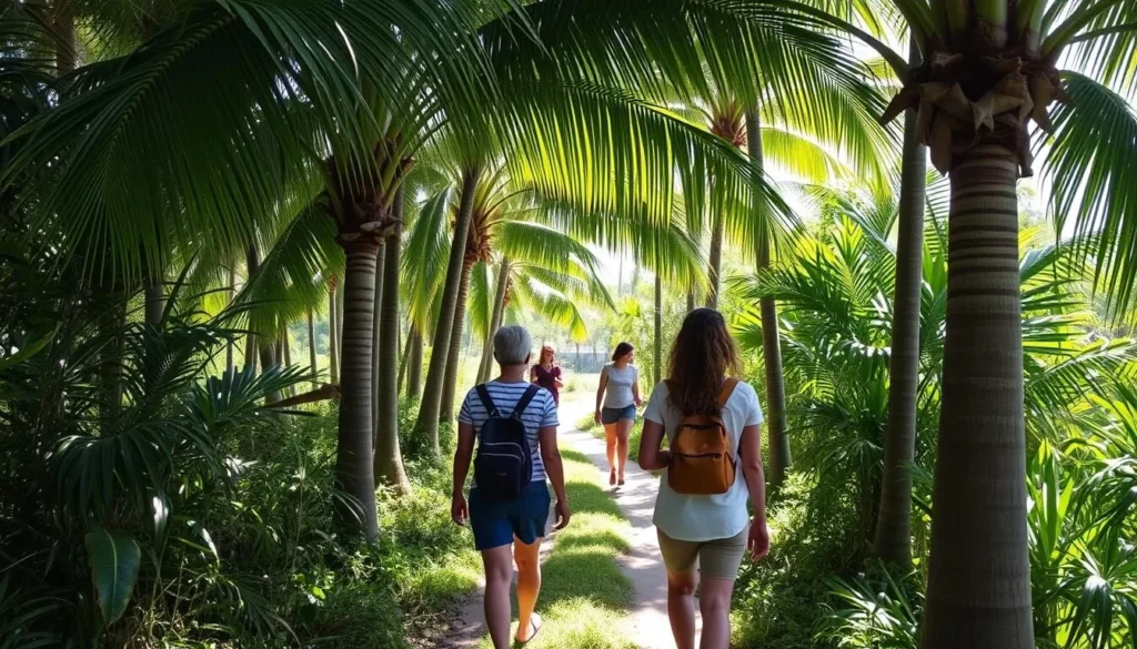 Diverse group of tourists exploring a nature trail through palm trees on Saona Island, Dominican Republic