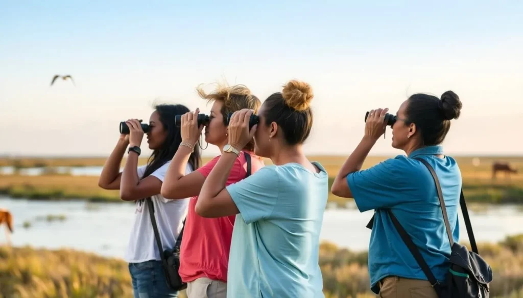 Diverse group of visitors birdwatching on Isle au Pitre with binoculars Diverse group of visitors birdwatching on Isle au Pitre with binoculars