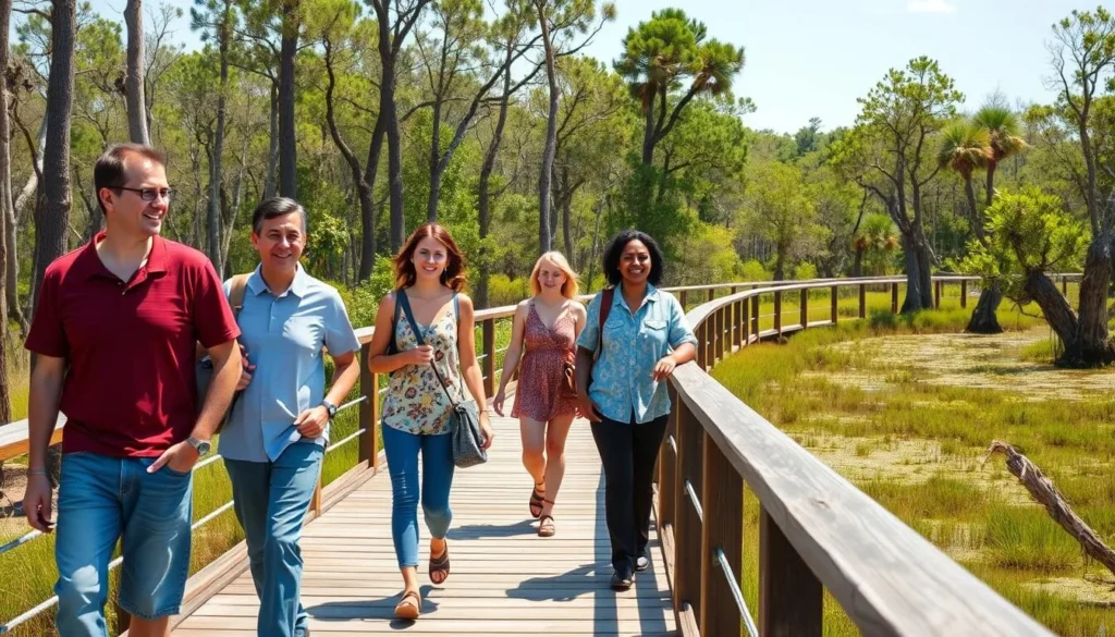 Diverse group of visitors enjoying a boardwalk trail at Barataria Preserve