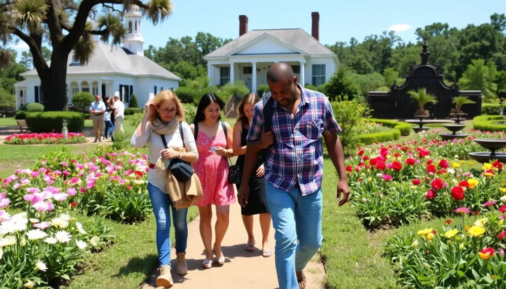 Diverse group of visitors enjoying the gardens at Rosedown Plantation