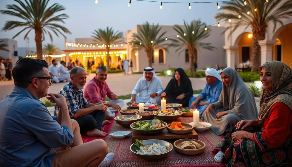 Diverse tourists enjoying a traditional Bahraini dinner during the pleasant evening weather