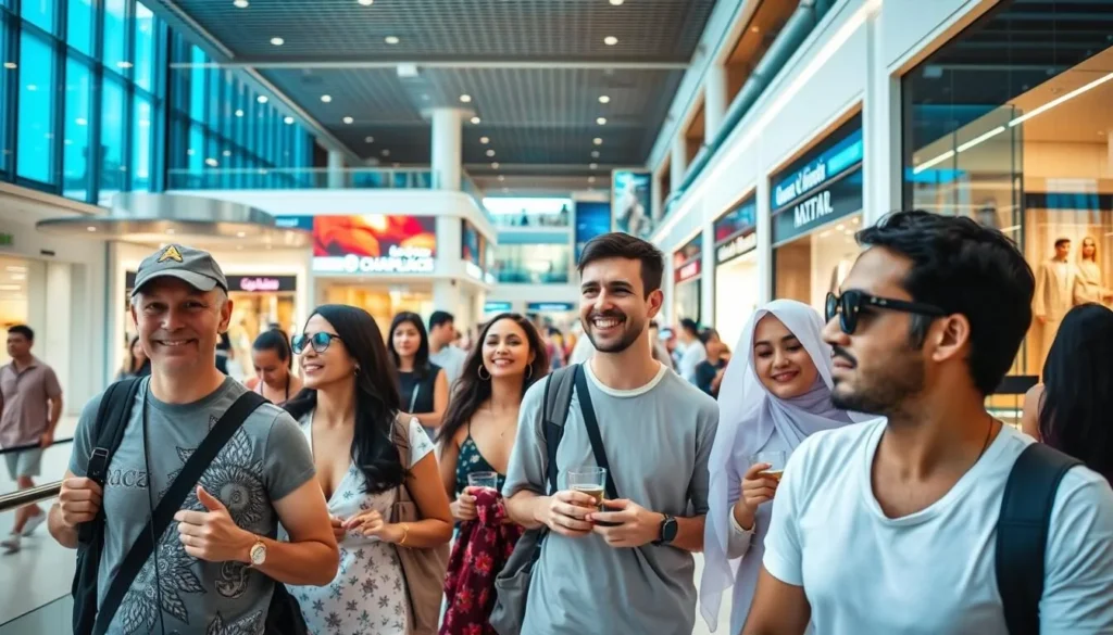 Diverse tourists enjoying an indoor luxury mall in Bahrain during summer