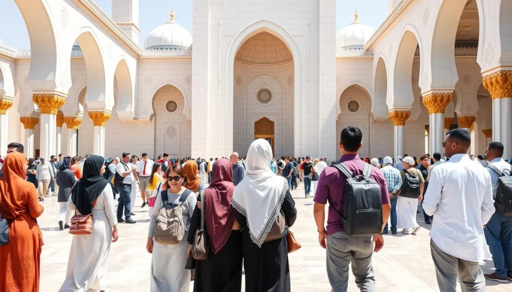 Diverse tourists respectfully dressed while visiting Al-Fateh Grand Mosque in Bahrain