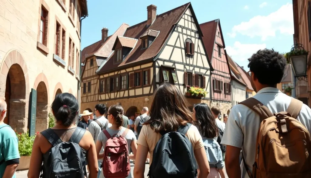 Diverse tourists respectfully exploring Rothenburg's historic streets