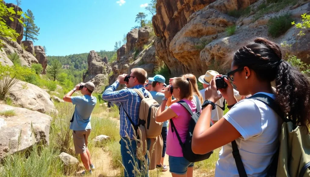 Diverse visitors photographing natural features at Piney Creek Ravine