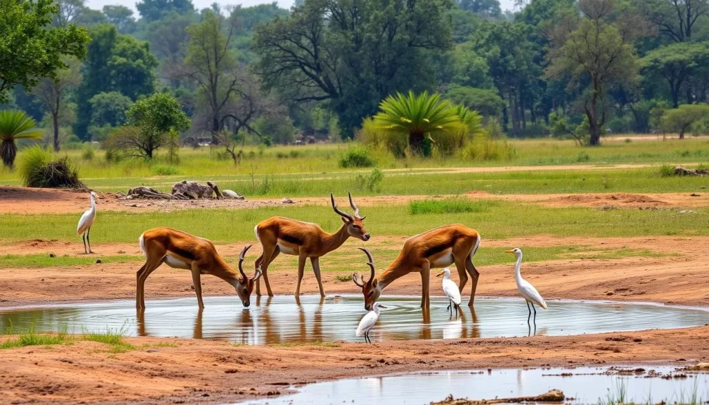 Diverse wildlife including deer and birds at a waterhole in Bandhavgarh National Park