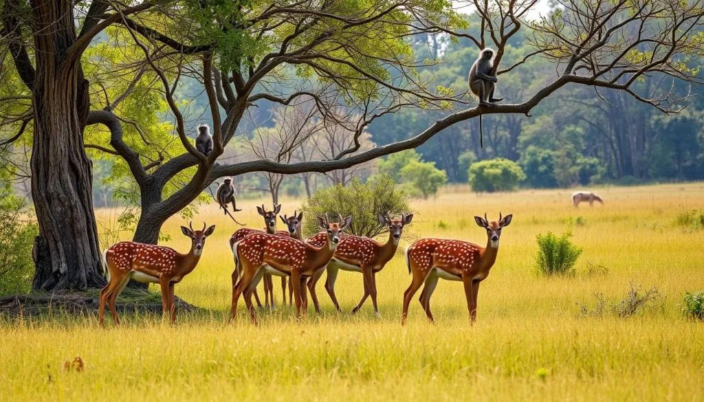 Diverse wildlife including spotted deer and monkeys in Kanha National Park