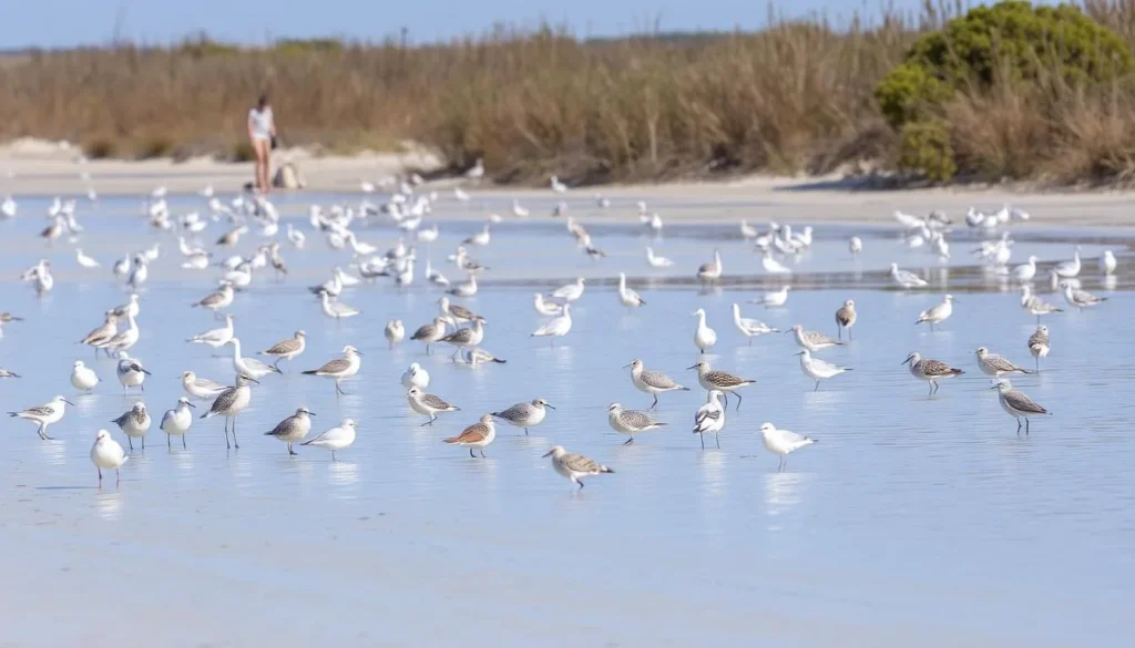 Diverse wildlife on West Timbalier Island Louisiana showing birds in natural habitat