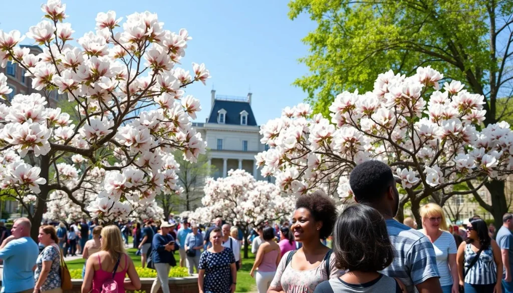 Dogwood trees in bloom during Quincy's famous Dogwood Festival with visitors enjoying the scenery Dogwood trees in bloom during Quincy's famous Dogwood Festival with visitors enjoying the scenery