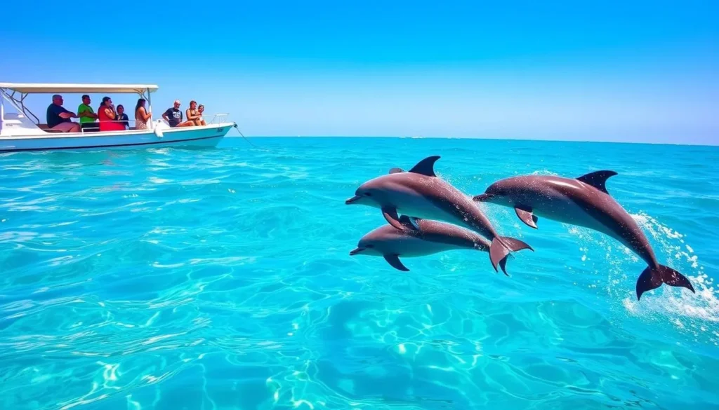 Dolphins swimming alongside a boat in the clear waters near Hurghada