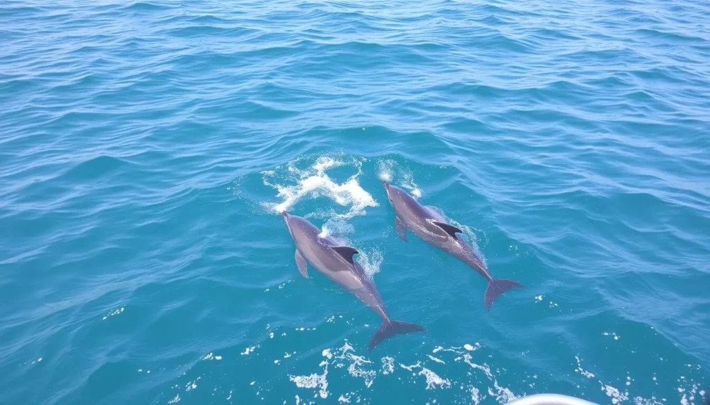 Dolphins swimming near a small boat off the coast of Gokarna