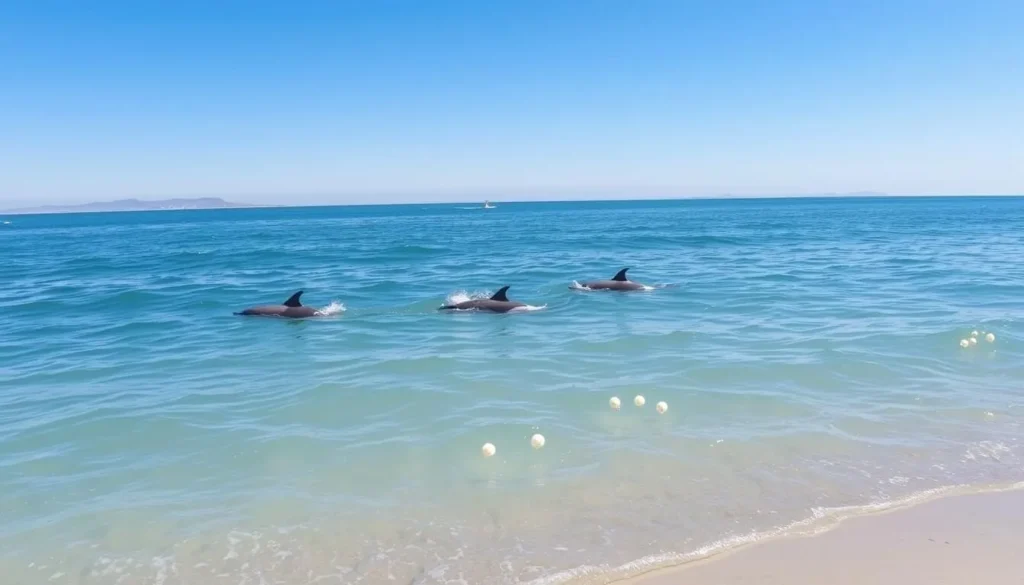 Dolphins swimming near the shore at Will Rogers State Beach