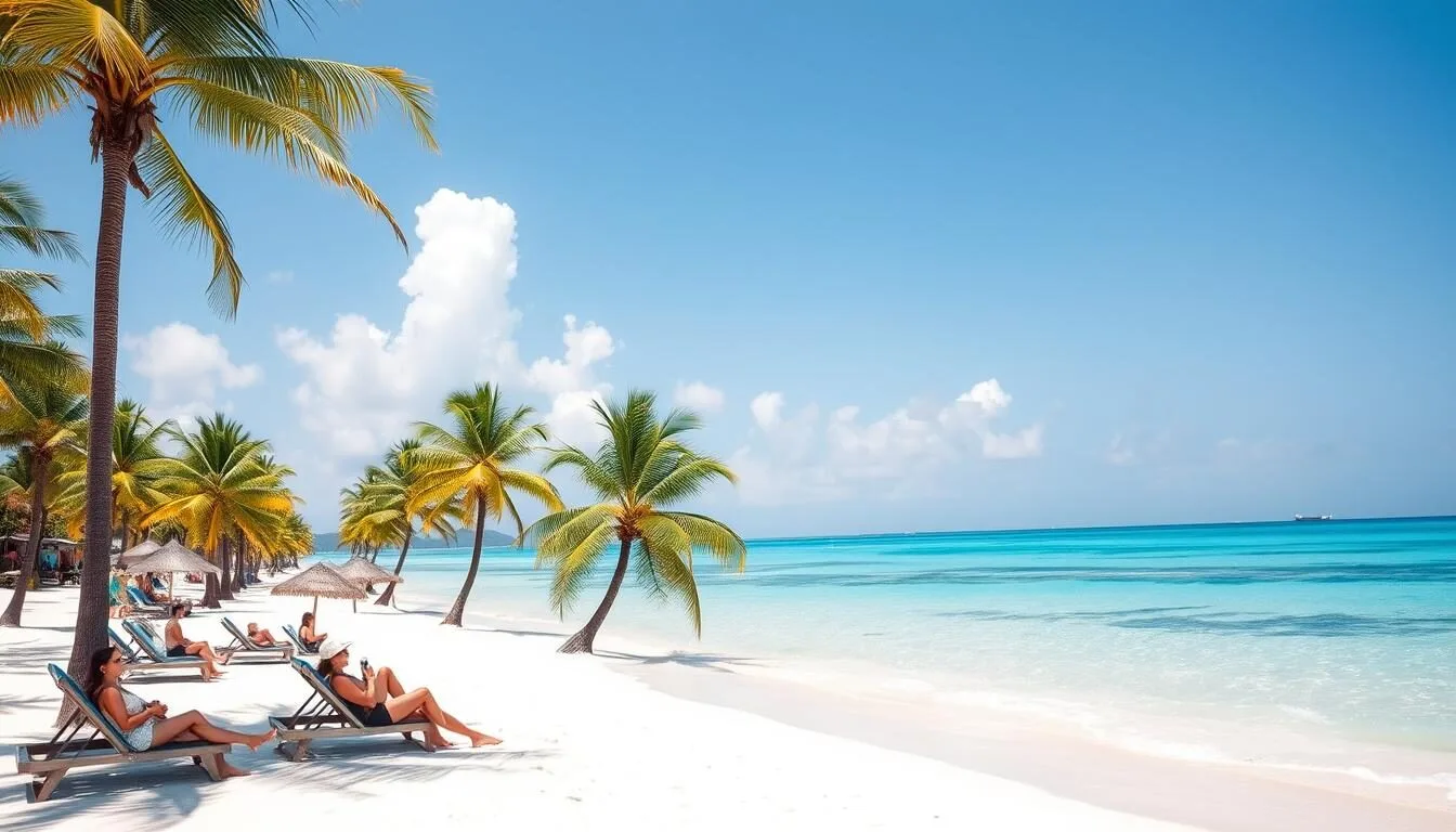 Dominican Republic beach scene with palm trees and clear blue skies during dry season