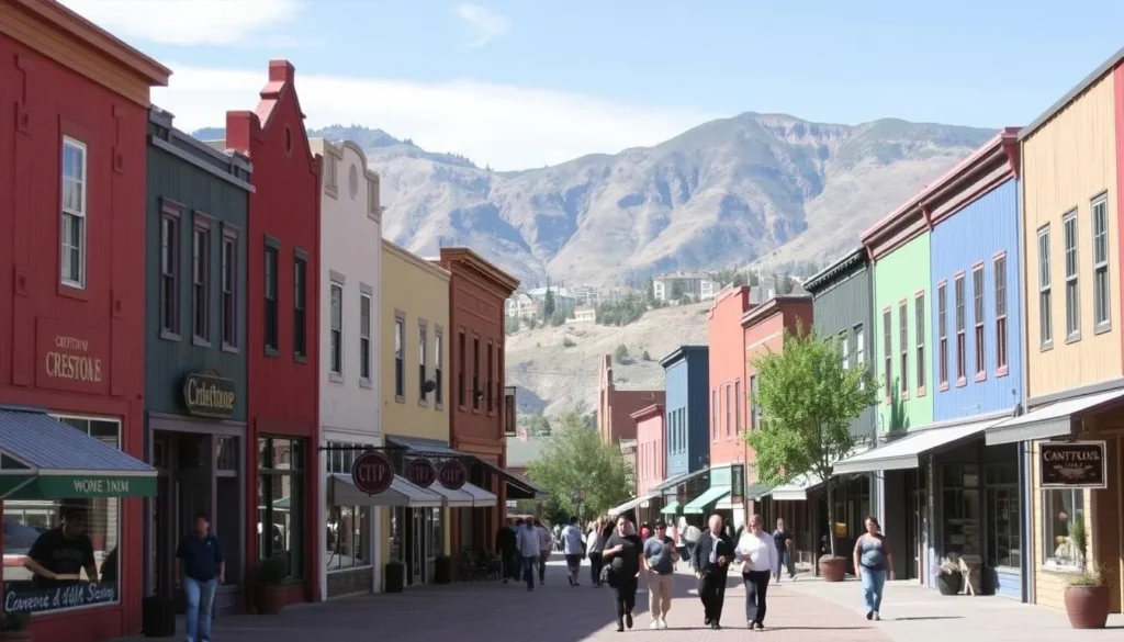 Downtown Crestone with its colorful buildings and mountain backdrop
