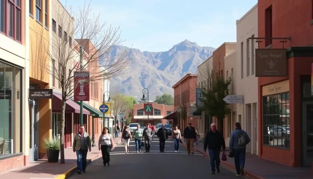 Downtown Los Alamos street view showing Manhattan Project National Historical Park visitor center
